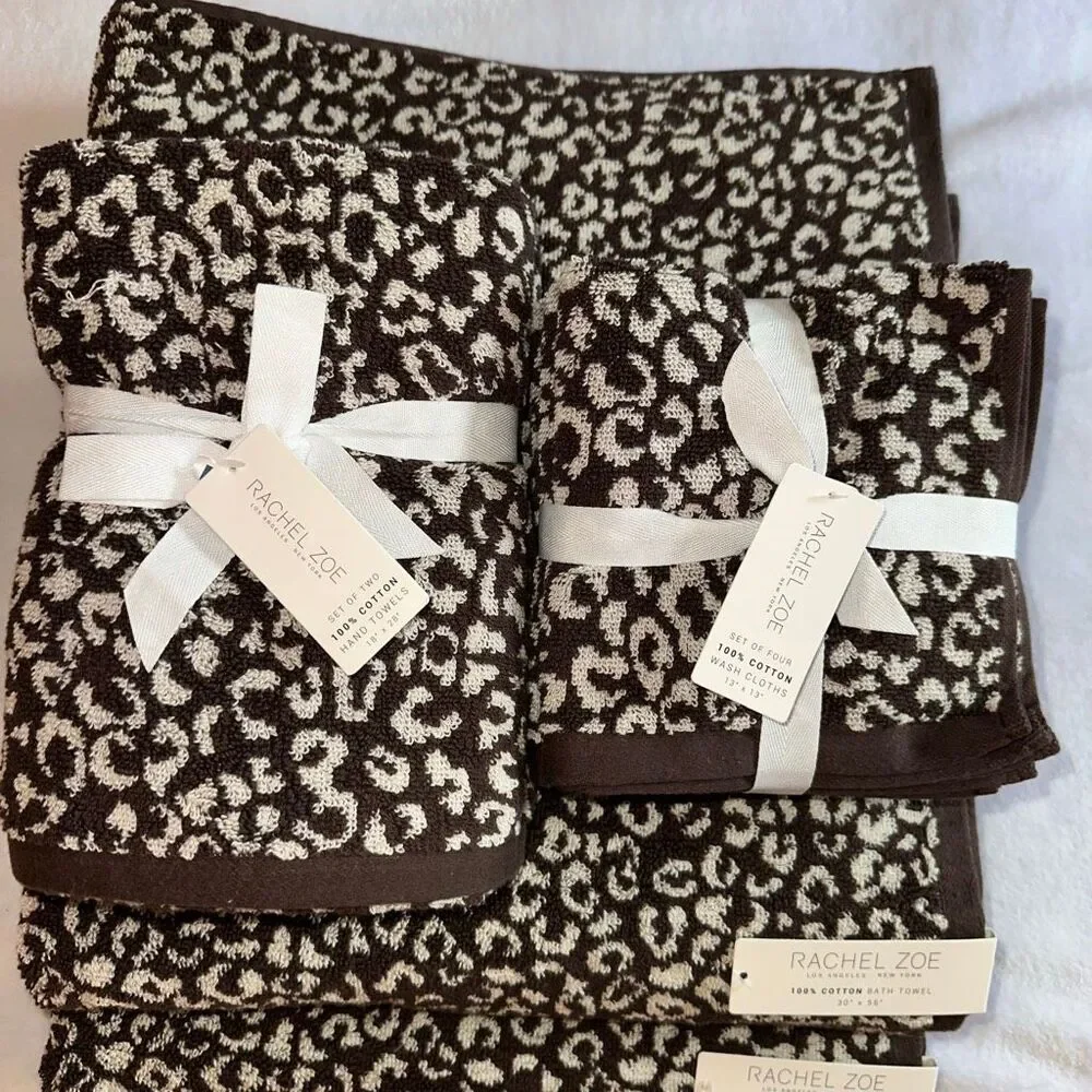 Rachel Zoe Bath Towel Set Dark Brown Tan Cheetah Leopard Pattern Reversible NWT